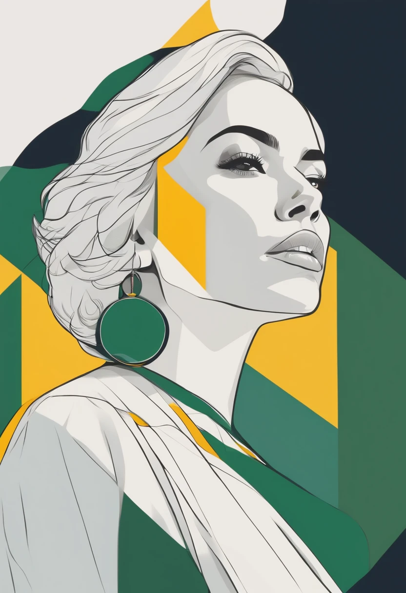 ortrait de uma mulher bonita, {Branco,verde,amarelo} {azul,amarelo} Background Story, Cor pura, Facial Closeup, side view, Geometric, minimalismo, flat illustration,Close-up facial