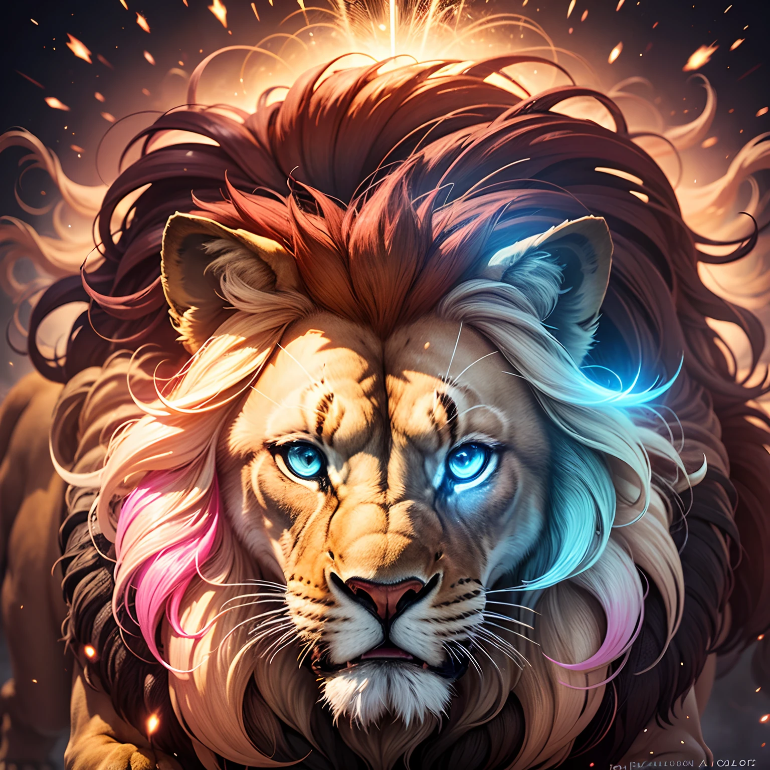 a burst-style lion roaring, it's mane composed of shimmering polymers that radiate outwards, capturing light and colours from all angles --auto --s2