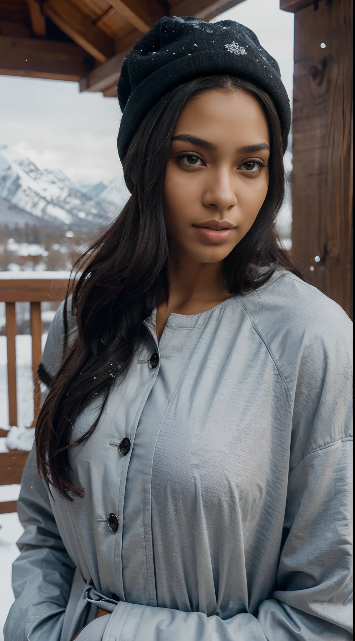 Hyper realistic illustration of a dark-skinned mixed-race woman. The woman must be dressed in a large jacket and a cap. Be sure to capture every detail of her face, of his hairstyle and clothes, by showcasing her beauty without any nudity. Use realistic skin tones and color shades to make the illustration as accurate as a photograph. You can use winter landscapes with snow and mountains to beautify the scenery