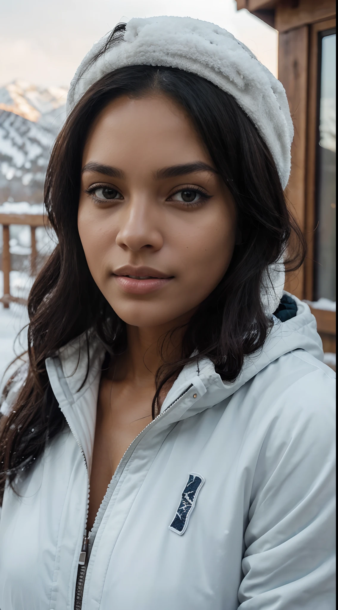 Hyper realistic illustration of a dark-skinned mixed-race woman. The woman must be dressed in a large jacket and a cap. Be sure to capture every detail of her face, of his hairstyle and clothes, by showcasing her beauty without any nudity. Use realistic skin tones and color shades to make the illustration as accurate as a photograph. You can use winter landscapes with snow and mountains to beautify the scenery