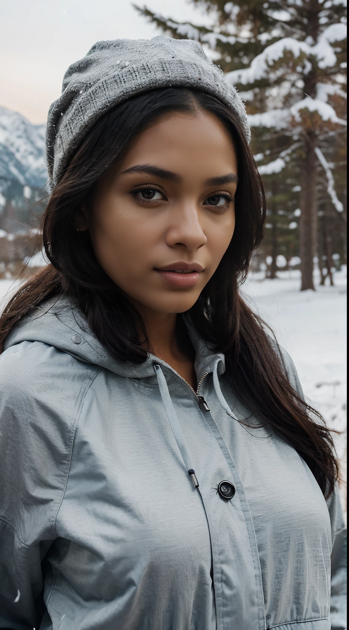 Hyper realistic illustration of a dark-skinned mixed-race woman. The woman must be dressed in a large jacket and a cap. Be sure to capture every detail of her face, of his hairstyle and clothes, by showcasing her beauty without any nudity. Use realistic skin tones and color shades to make the illustration as accurate as a photograph. You can use winter landscapes with snow and mountains to beautify the scenery