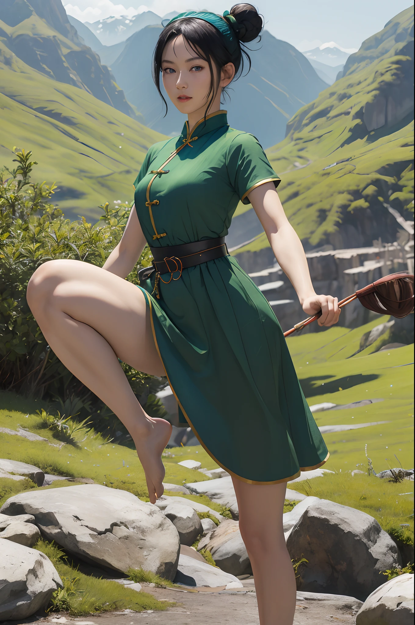 masterpiece, best quality, highres, 1girl, solo, black hair, hairband, belt, short hair, dress, blue eyes, hair bun, green hairband, blind, chinese clothes, hair bun, green dress, short sleeves, pelvic curtain, barefoot, fighting stance, rock, outdoors,