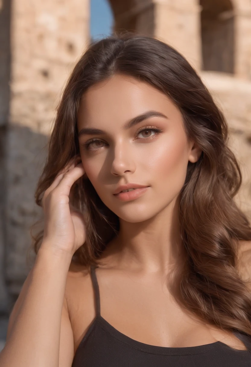 ((Italian tanned skin, Attractive Italian 25 year old teen)), ((Its beauty is undeniable)), ((Excited cute face)), ((Hyper detailed perfect eyes,)), ((Pose mignonne)), sexy, porter un t-shirt noir sur un pantalon marron, (( cheveux longs,)), (( peau)), ((assis, Vue de face)), ((toucher ses propres jambes dans une pose sexy)), watch the Colosseum in Rome, Sharp Focus CGI, photoreallistic, High detail, Realstic, Apparent facial defects, absurdes, Best quality, Hdr, High quality, high-definition, Extremely detailed, 8k wallpaper, Intricate details, 8K UHD, Full-HD, (photo realist:1.2), contraste, intense illumination, lighting cinematic, natural lighting, hard light, contre-jour, Illumination globale, occlusion ambiante, sein moyen 2.0