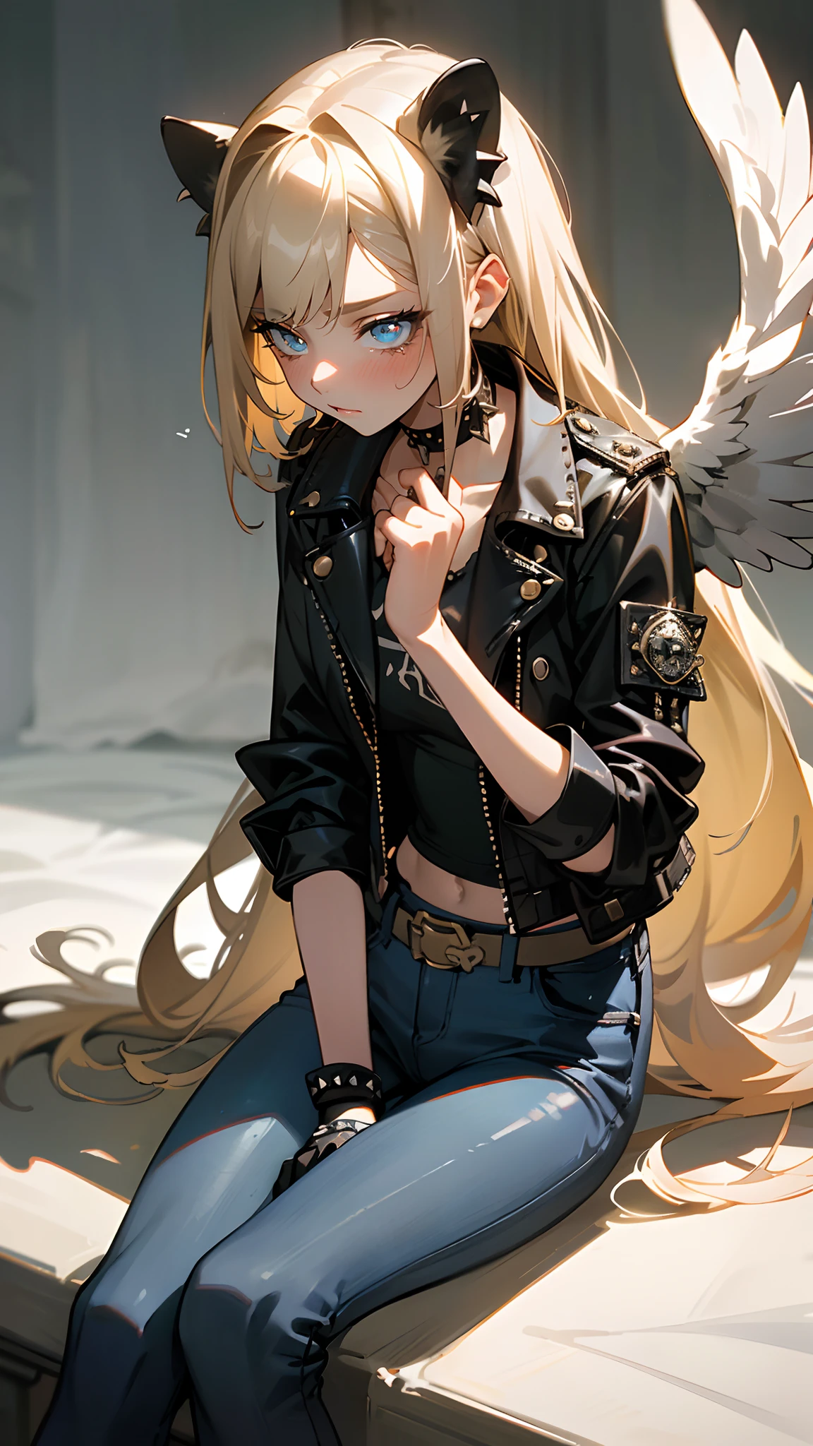 (masterpiece, best quality:1.3),beautiful detailed glow,best illuminate,(((best quality,textile shading,ultra detailed))),extremely detailed CG unity 8k wallpaper,Highly Detailed beautiful and aesthetic,best light,high resolution,detailed,dynamic lighting , 1Character , pastel washed out colors , cell shade , soft, muted shades ,gentle colors ,
She wears a black leather biker jacket adorned with spikes, silver studs, black denim skinny jeans with jagged tears, knee-high combat boots with metallic lion-shaped buckles, their laces adorned with silver studs, accentuated by a collection of punk-inspired accessories, including a studded leather choker, multiple silver rings, and fingerless leather gloves,
Beautiful girl , extremely long hair , blue eyes , bangs , ((smal Angel wings )),blonde hair , age 21