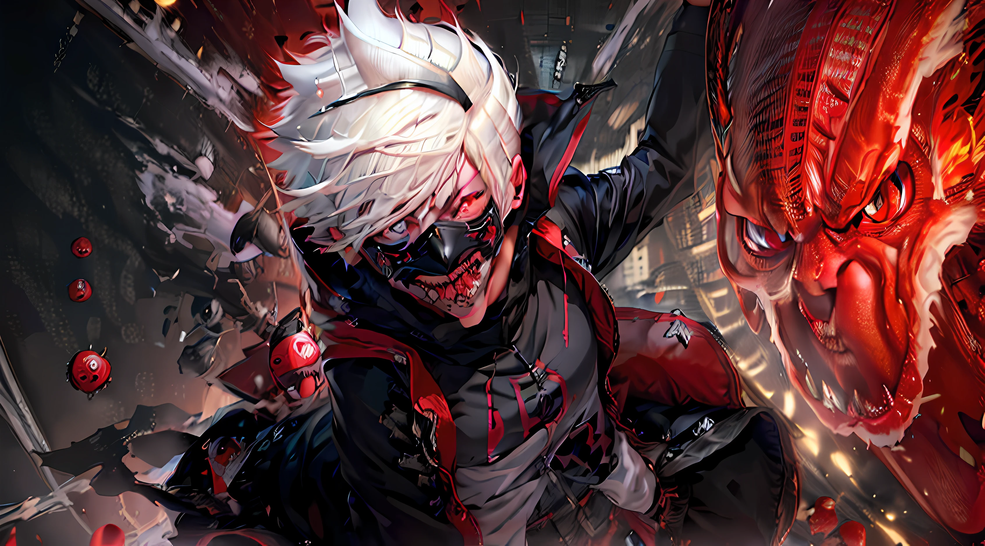 anime character with white hair and red eyes in a black outfit, ken kaneki, best anime 4k konachan wallpaper, kaneki ken, badass anime 8 k, 2 b, 2b, 4 k manga wallpaper, tokyo ghoul, villain wearing a red oni mask, son of sparda, 4k anime wallpaper, anime art wallpaper 4k