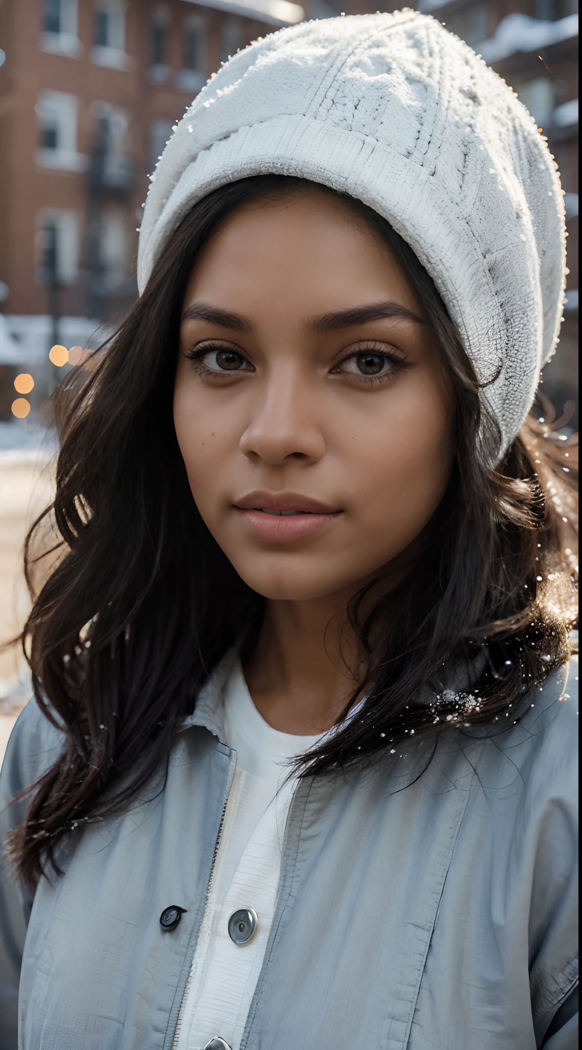 Hyper realistic illustration of a dark-skinned mixed-race woman. The woman must be dressed in a large jacket and a cap. Be sure to capture every detail of her face, of his hairstyle and clothes, by showcasing her beauty without any nudity. Use realistic skin tones and color shades to make the illustration as accurate as a photograph. You can use winter landscapes with snow and mountains to beautify the scenery