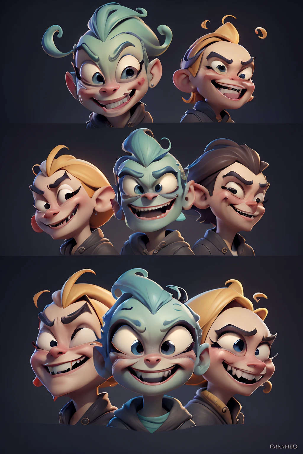 Development of animated characters in the style of 3D Pixar, Different facial expressions of a cheerful alien , panache, Реалистичный 3D-рендеринг, high resolution texture, dramatic  lighting, Expressive Caricature, Various facial expressions with a smirk, dramatic, A Rich Perspective.