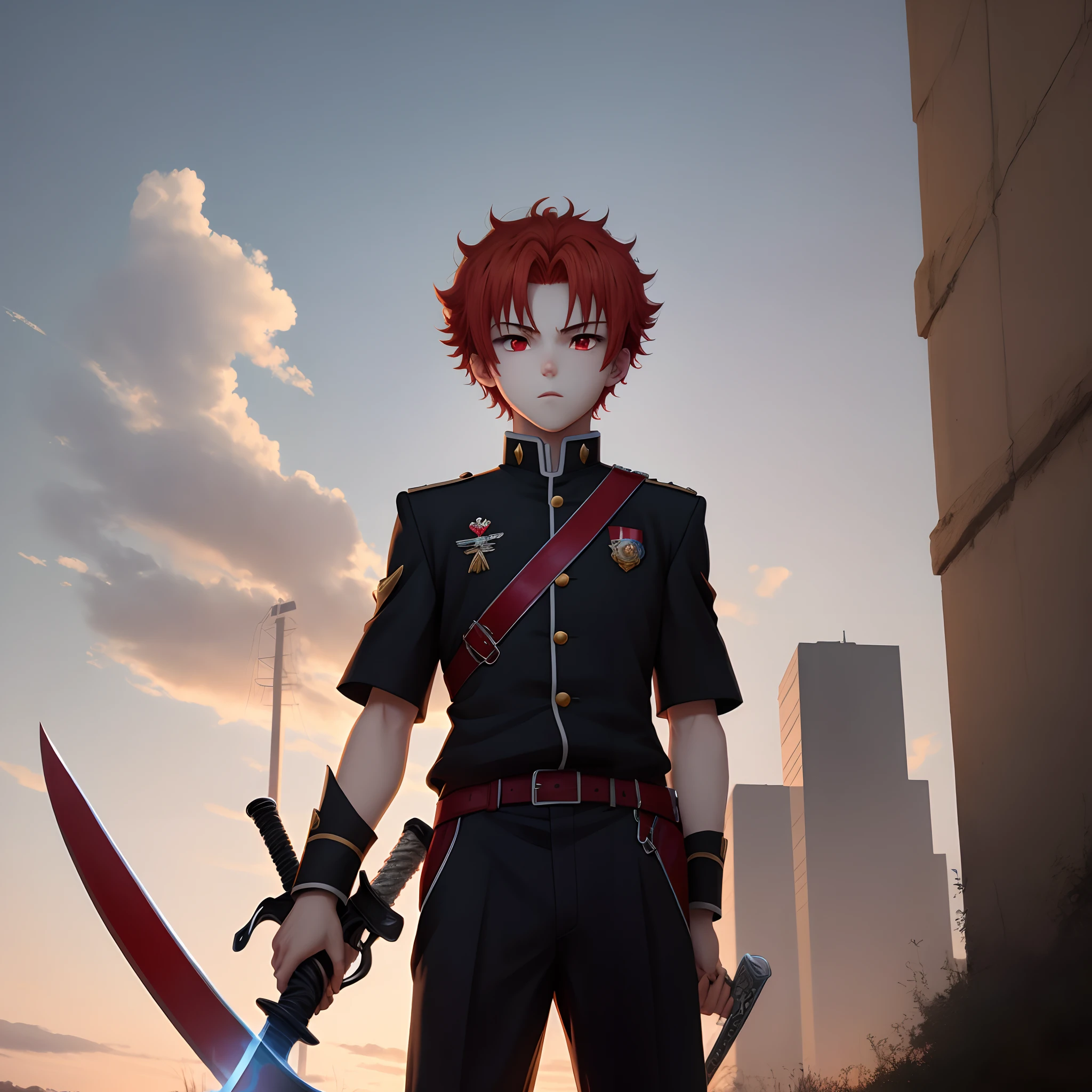 image of an anime character, boy with curly red hair, with red eyes, with a demonic sword, black uniform, and tall boy