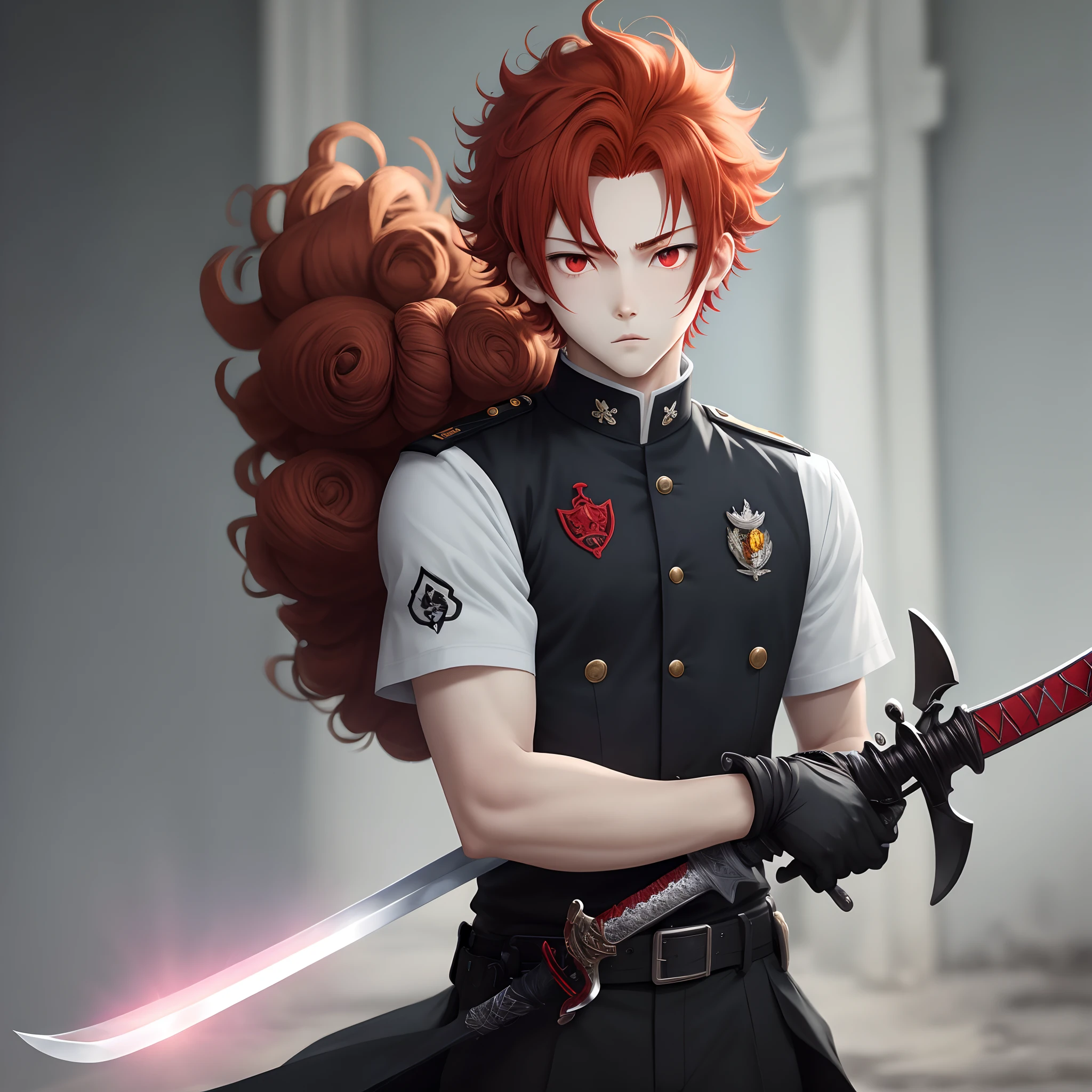 image of an anime character, boy with curly red hair, with red eyes, with a demonic sword, black uniform, and tall boy