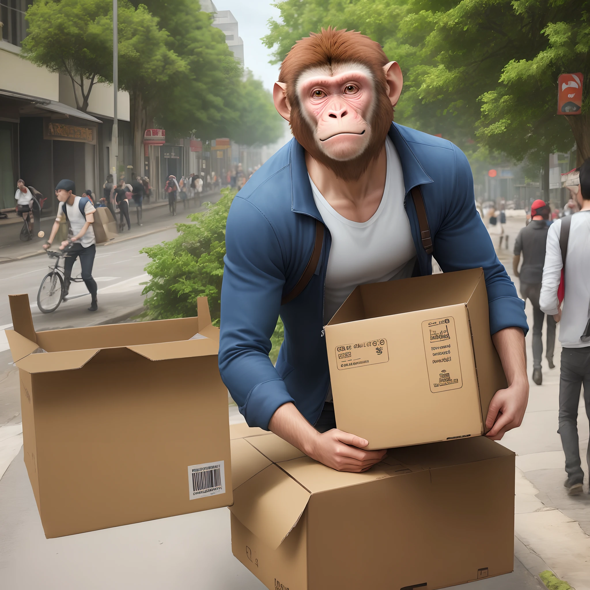 Cool monkey carrying cardboard