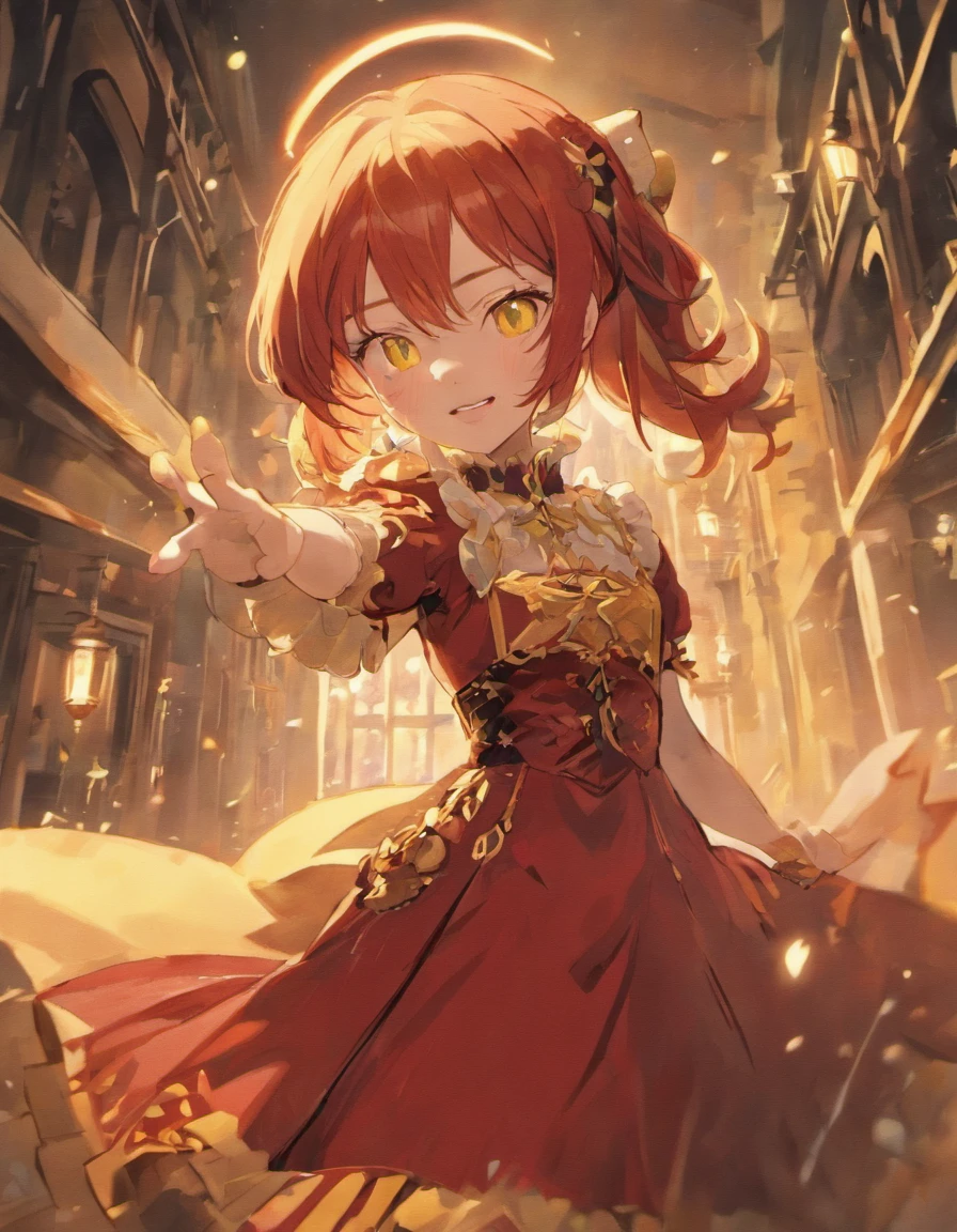A cat girl with red hair and yellow eyes who always smiles. She wears a red Tudor style dress.