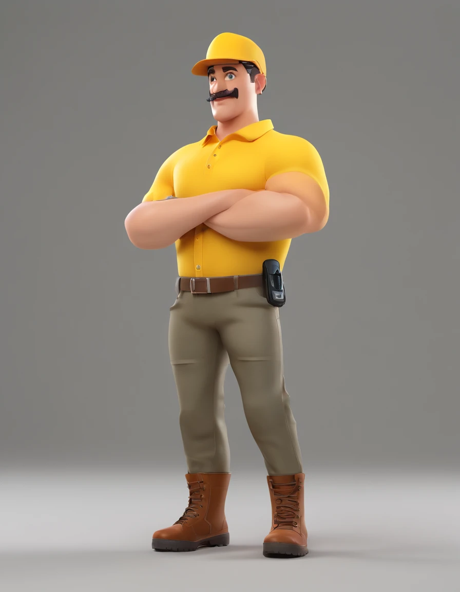 Homem estilo cartoon, with cap, Botas de trabalho, camisa polo amarela, baggy pants.