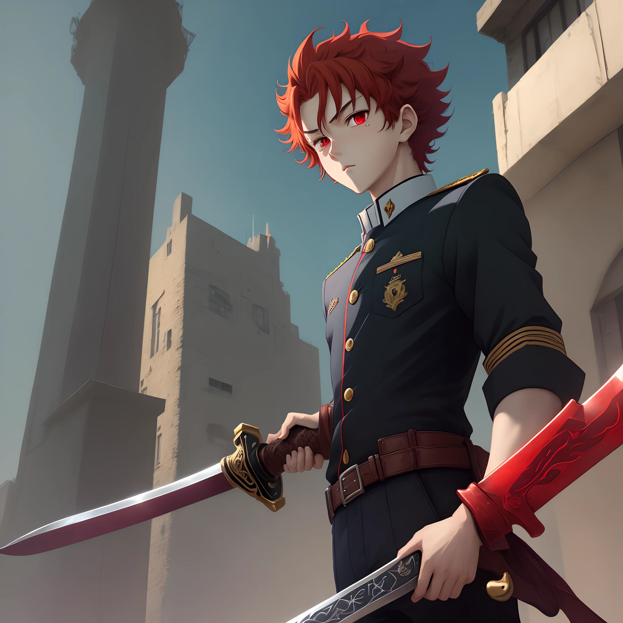 image of an anime character, boy with curly red hair, with red eyes, with a demonic sword, black uniform, and tall boy