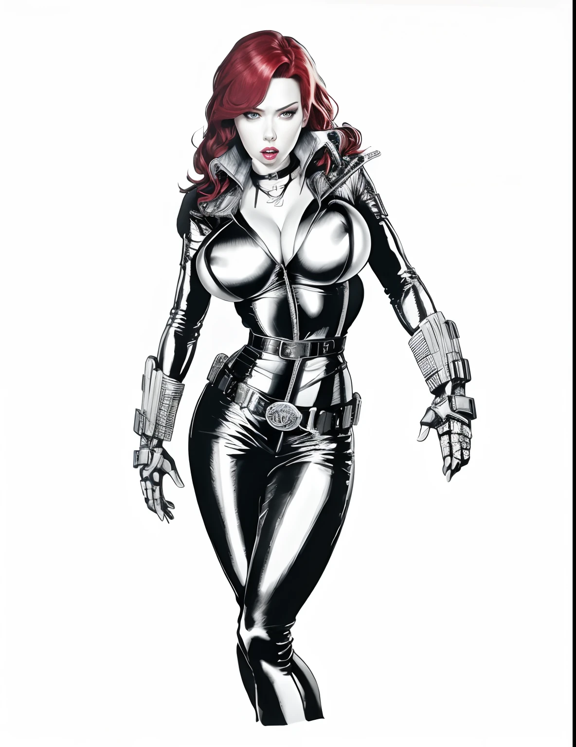 black widow scarlet johansson, red hair, (huge tits:1.5), wide hips, (large belt buckle:1.3),