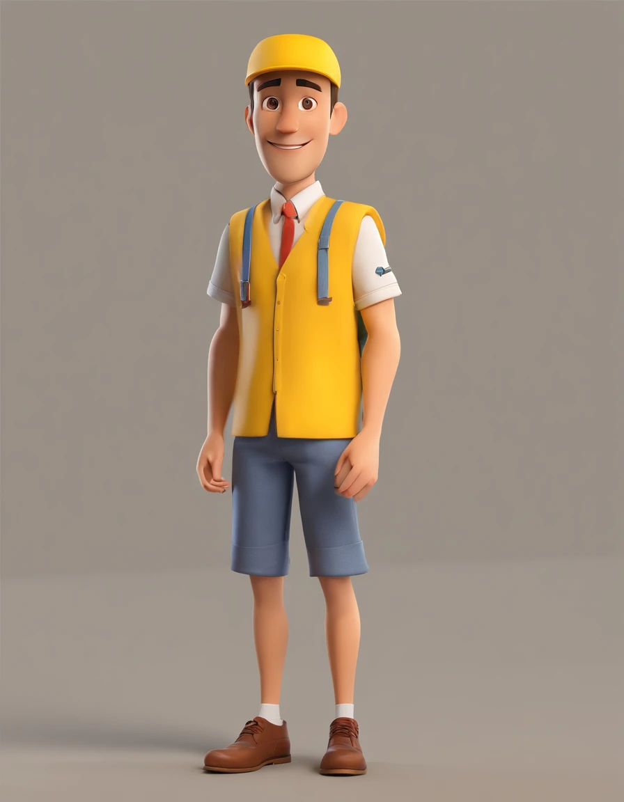 Homem estilo cartoon, with cap, Botas de trabalho, camisa polo amarela, baggy pants.