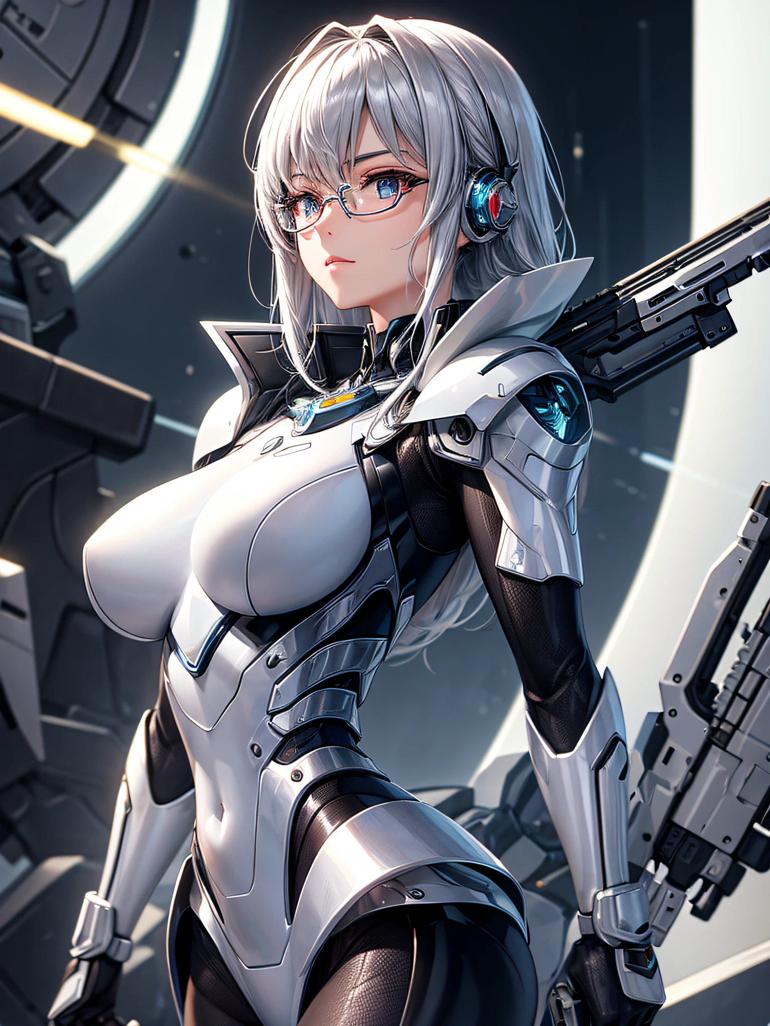 5 8K UHD、Silver metallic body mechanical beauty wearing glasses holding firearms、Shiny silver robot with hidden skin、Upper body only