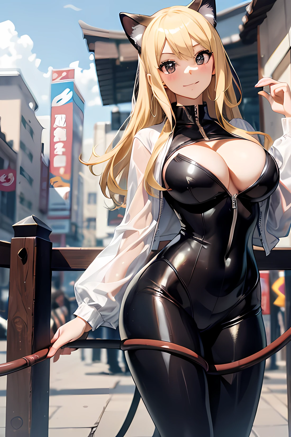 Alaf in a catsuit with a whip and a cat's tail, wearing a black catsuit, tight outfit, wearing black tight clothing, cat woman, Catsuit, Wearing a tight suit, attractive cat girl, skintight black clothes, amouranth as a super villain, tight outfit, Kylie Jenner(catwoman), tight full body suit, Black cat, (masutepiece:1.4),(Best Quality:1.4),(Ultra-detailed:1.2),High quality,hight resolution,超A high resolution,(Raw photo:1.2),Extremely detailed,finedetail,1girll, ((Long hair)),Beautiful detailed eyes,(((full body Esbian))),(Dobaka), White windbreaker, masutepiece, Best Quality, hight resolution, lucy heartfilia, Blonde hair, Long hair, Large breasts,Yukata,Cowboy Shot, Standing, Looking at Viewer, , plein air, Summer festival, blush, Shy, Smile, show teeth, stockings,