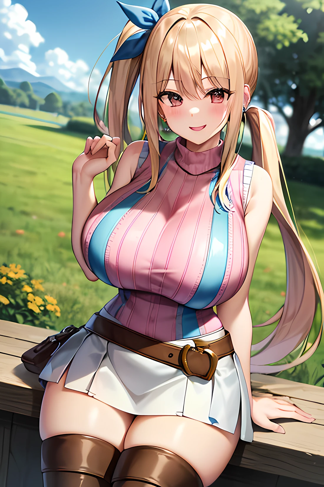 Masterpieces, best quality, High Definition, Lucy Heartphilia, Blonde hair, Long hair, Side Ponytail, Blue Ribbon, large full breasts, Earring, (Perfect beautiful pink sleeveless knit:1.4)、Thigh boots, White skirt, Smiling face, plein air, Cowboy Shot, shiny oily skin with high contrast,, huge long breasts, Naughty big、Big breasts emphasis、Naughty thighs、H cup、Solo、