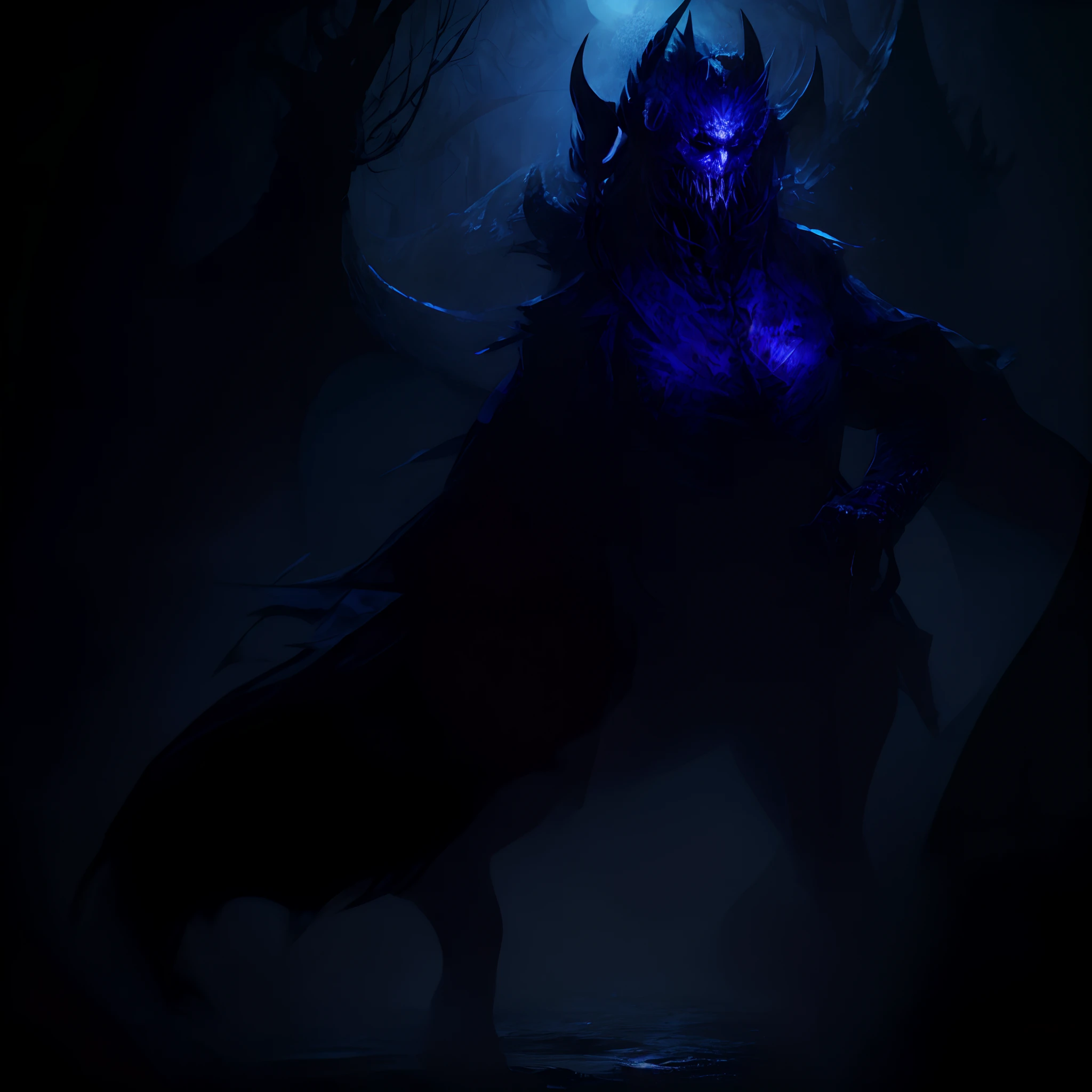 A scary demonic monster in the shadows with blue-violet details