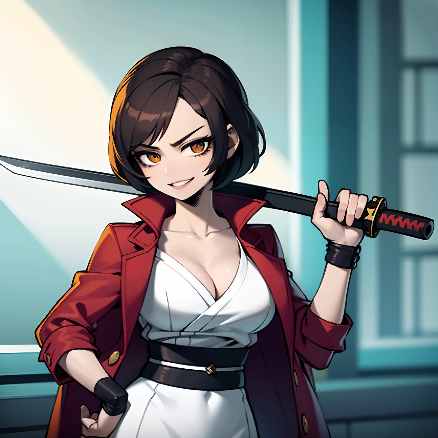 1girl, sozinho, Roupas japonesas, short hair, arma, espada, olhos castanhos, Olhando para o Viewer, quimono, brown hair, lips, hand on hip, bainha, sorrir, Katana, cabelos pretos, parte superior do corpo, boca fechada, Embainhados, Hand up