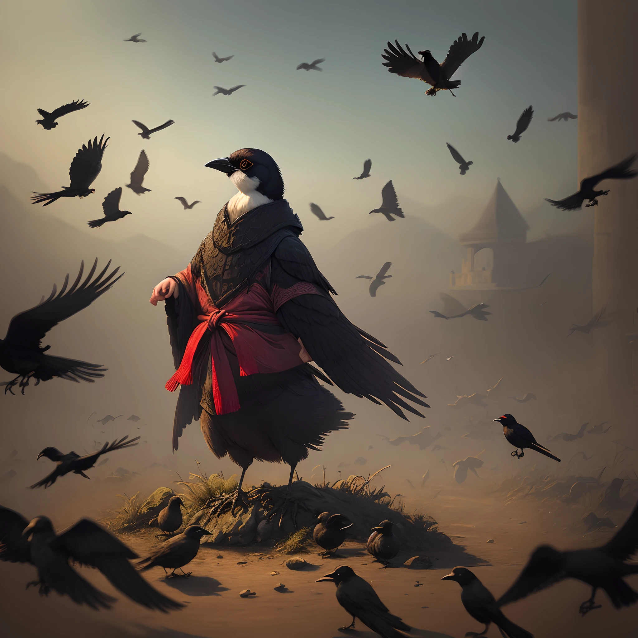 Opium bird surrounded by crows
