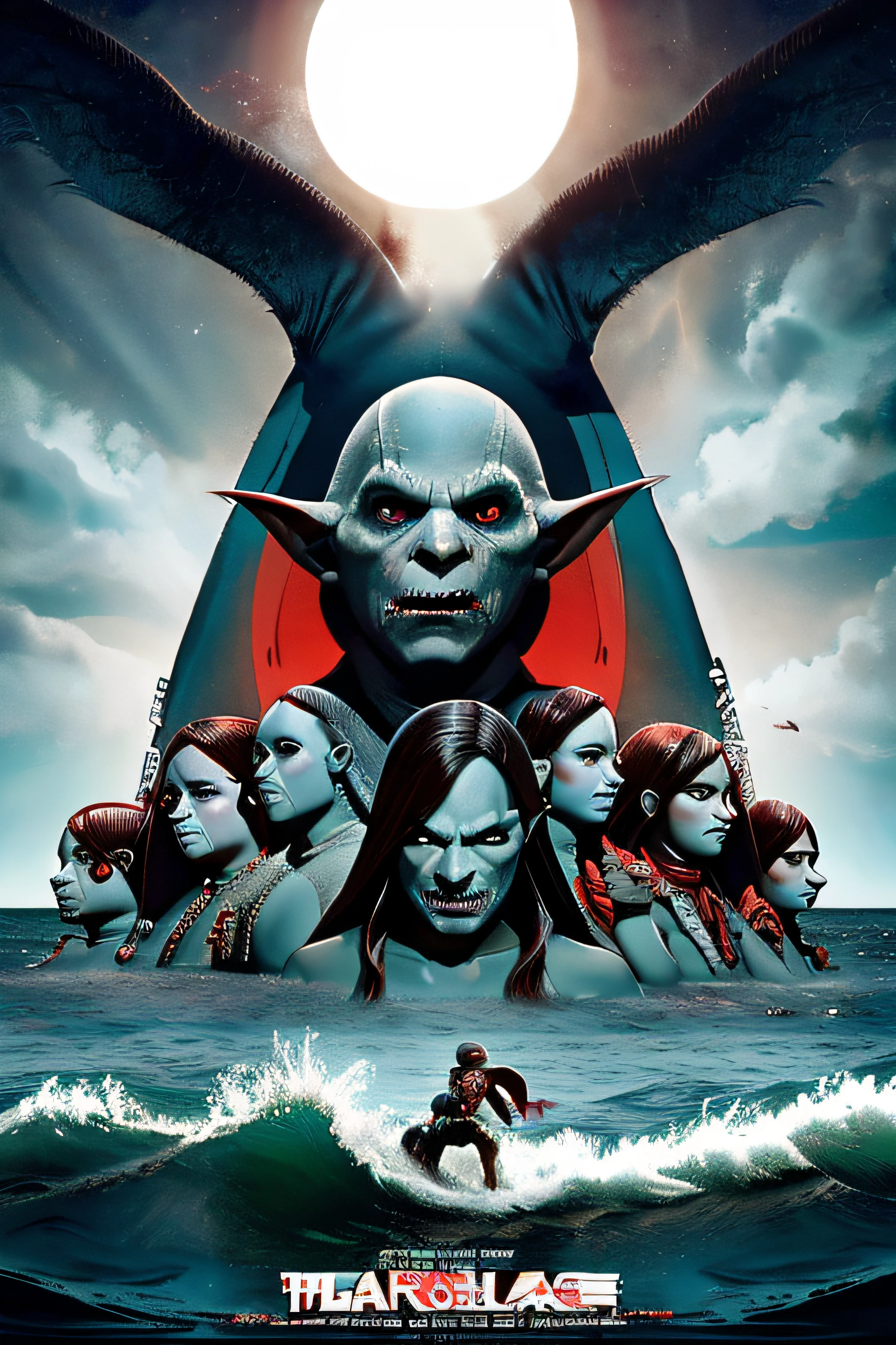 please create a poster for a horror film, The Island of the Sea Elves of Itamaracá, on the poster there is a 20 year old boy who is a shark hybrid, he is also a kind of sea elf, he controls a horde of goblins coming out of the sea to attack the bathers, all the hybrid goblins are enraged.