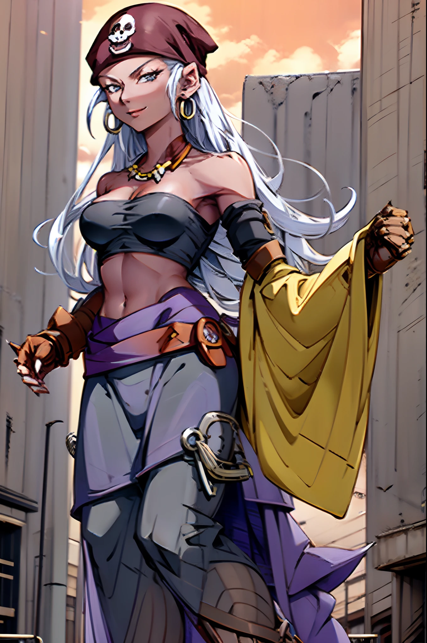 ZOLA, LONG HAIR, EARRINGS, WHITE HAIR, JEWELRY, BANDANA, DARK SKIN, DARK-SKINNED FEMALE, PIRATE, cleavage, tube top, gloves, midriff, 1girl, solo, facing viewer, looking at viewer, smile.