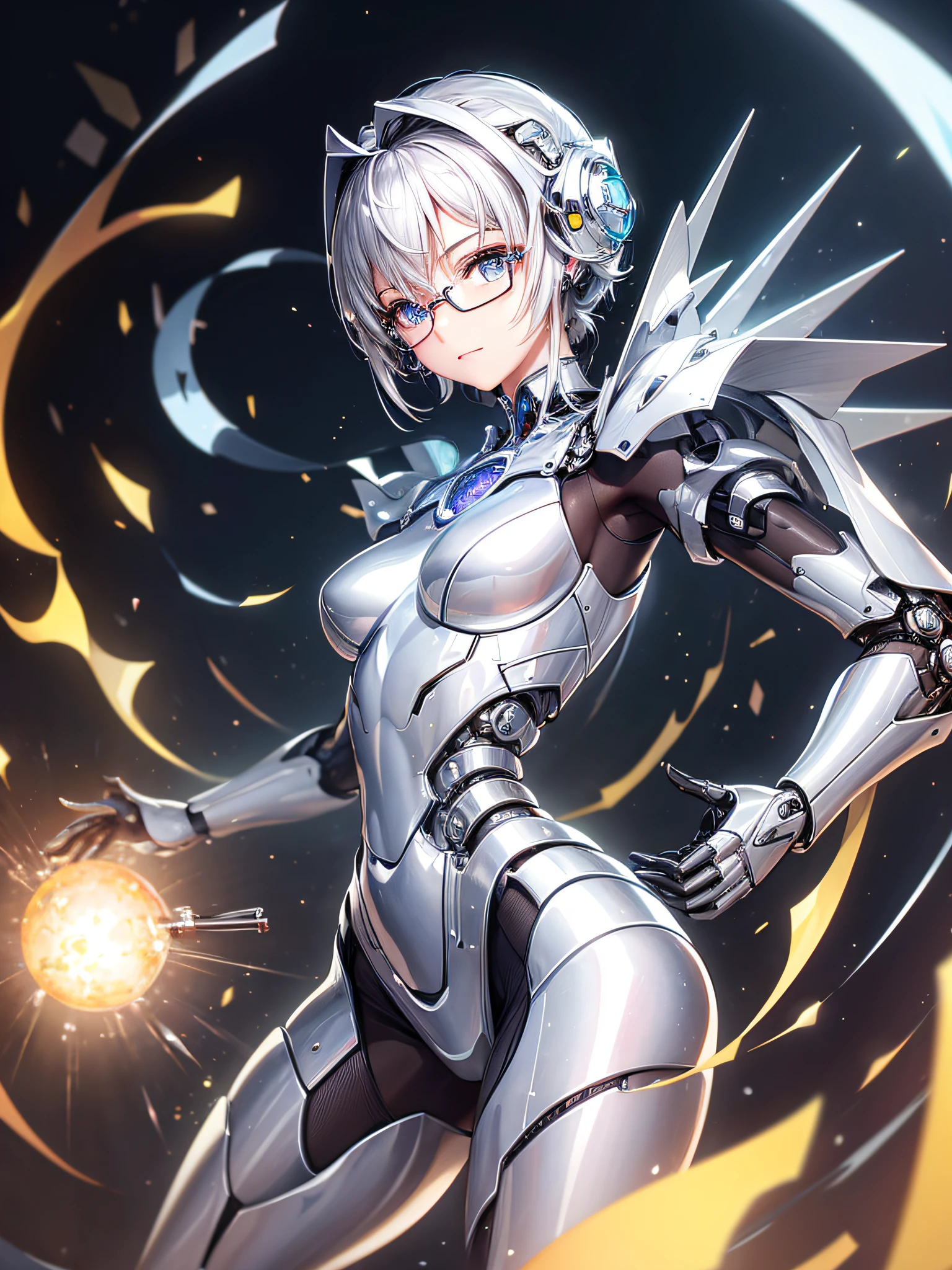 5 8K UHD、Mechanical beauty with shiny silver body wearing glasses is posing、Shiny silver robot with hidden skin