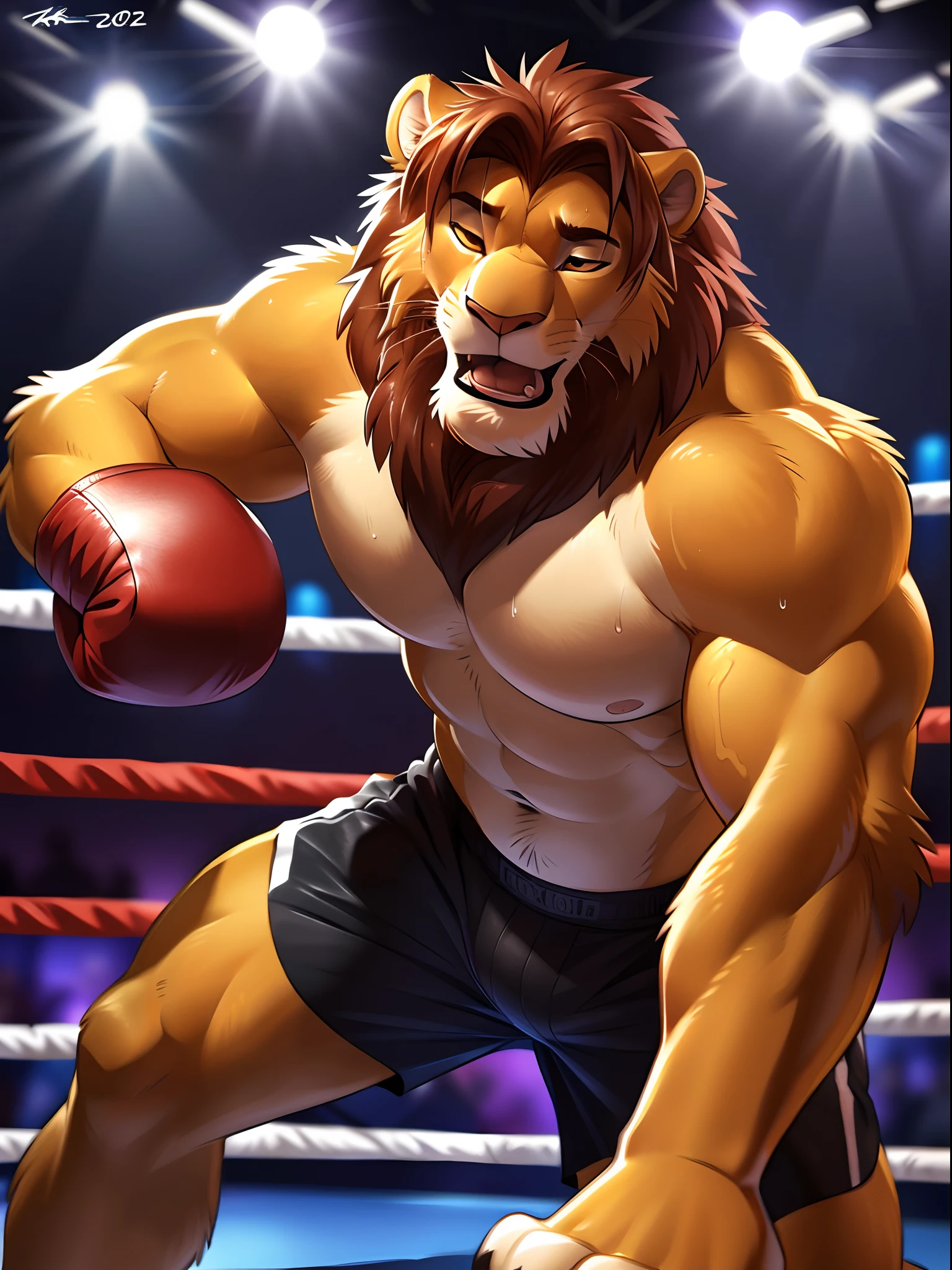 (extremely detailed and realistic masterpiece of an) ((male anthro lion)) with (muscles) and (athletic build), featuring (correct anatomy:1.5) and (detailed sweat droplets:1.6) glistening (sweat:1.3) and emphasized, (collapsed and bent down) with an (exhausted and panting steamy breath:1.3). He's wearing (boxing gloves) and (shorts), kneeling alone in the (boxing ring) showcasing his (hard work and dedication). Barefeet