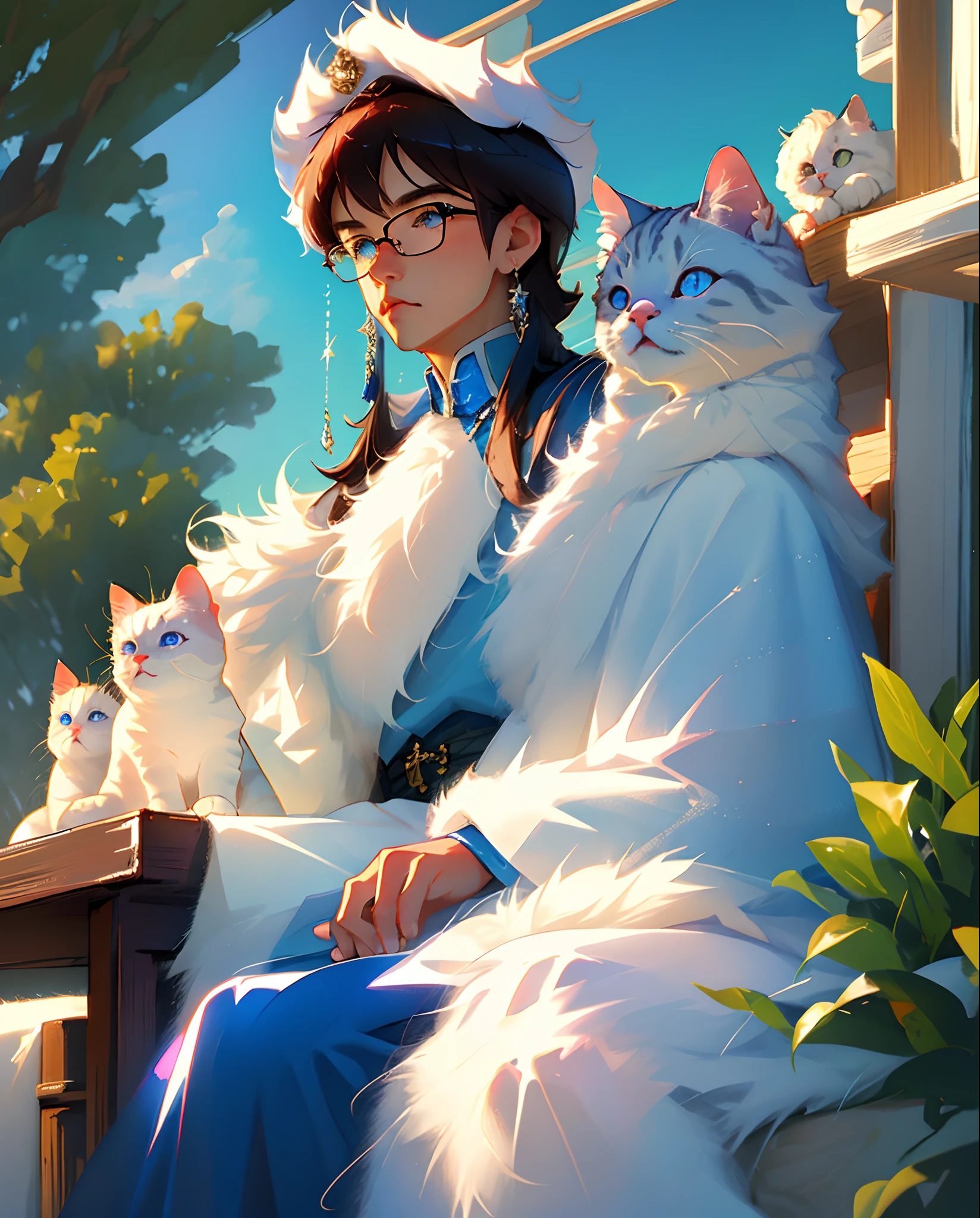 Best quality, Masterpiece, 超高分辨率,Single,shaggy male,Furry,white cat,felid,White fur,Blue eyes,Wearing glasses,Drink drinks,It's sitting