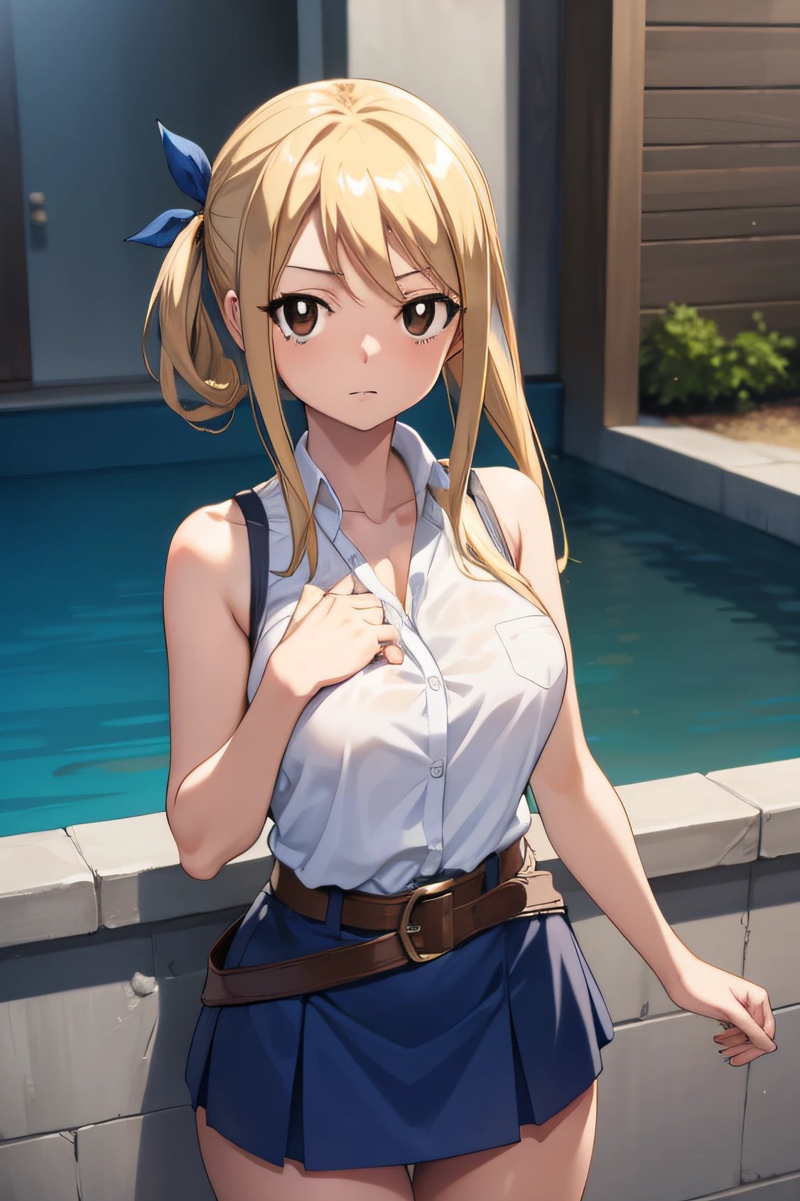 lucyheartfilia, lucy heartfilia, blonde hair, blue ribbon, (brown eyes:1.5), hair behind ear, hair ribbon, ribbon, short sidetail,
BREAK belt, blue skirt, brown belt, collarbone, collared shirt, shirt, skirt, sleeveless, sleeveless shirt, white shirt,
BREAK outdoors, city,
BREAK looking at viewer,
BREAK (masterpiece:1.2), best quality, high resolution, unity 8k wallpaper, (illustration:0.8), (beautiful detailed eyes:1.6), extremely detailed face, perfect lighting, extremely detailed CG, (perfect hands, perfect anatomy),