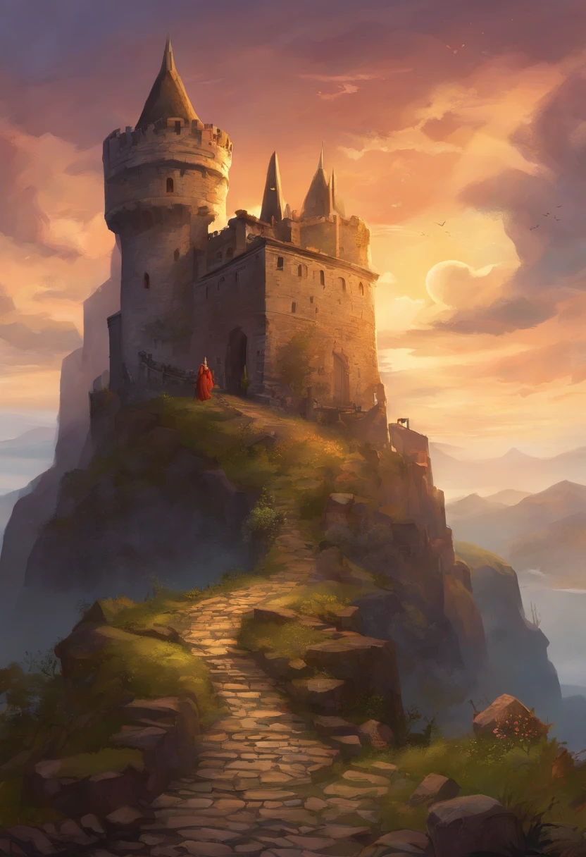 Beautiful illustration of a medieval city street, povo medieval andando pelas ruas, circunstanciado, intrincado. (The medieval town is a cityscape of ancient cobblestones and cobblestone roads that stretch along the winding banks of a serene river. It is surrounded by high stone walls that date back to time immemorial, protegendo seus habitantes dos perigos do mundo exterior.

The House of the Hero Guild:
In the heart of the city, is the majestic House of the Hero Guild. This imposing building is adorned with statues of legendary heroes carved from stone. Its pointed roof is clad in slate shingles and a flag with the guild's emblem, um escudo e espada cruzados, voa ao vento. The entrance is guarded by two guardians in shining armor, who maintain a vigilant posture, ready to welcome adventurers in search of epic quests and glory.

The Den of Thieves:
Escondida nas sombras de becos estreitos, the Thieves' Lair is a clandestine construction, camouflaged among more modest buildings. It's a shadowy stone structure with small, dark windows that never reveal their secrets. The entrance is marked by a secret sign known only to members of the thieves' guild, e uma sinistra aura de sigilo envolve o lugar. Those who dare to enter must be prepared to face treacherous wiles and closely guarded secrets.

The Tower of the Dark God Acolytes:
No ponto mais alto da cidade, stands the Tower of the Acolytes Devoted to Dark Gods. This tower of black obsidian rises above the surrounding buildings, touching the sky with its gothic grandeur. Janelas estreitas e pontiagudas pontuam suas paredes, Casting a dim and ominous light on the darkest nights. The acolytes who reside there are known for their black robes and mysterious rituals, servindo a uma divindade que habita nas profundezas das trevas.)