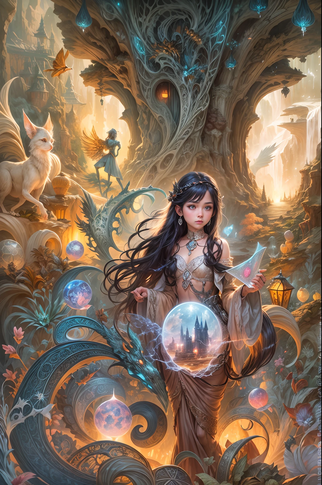 "Artistic rendering, fantasy realm, girl and her magical companions, luminous cave, extraordinary magic, epic adventure, intricate details