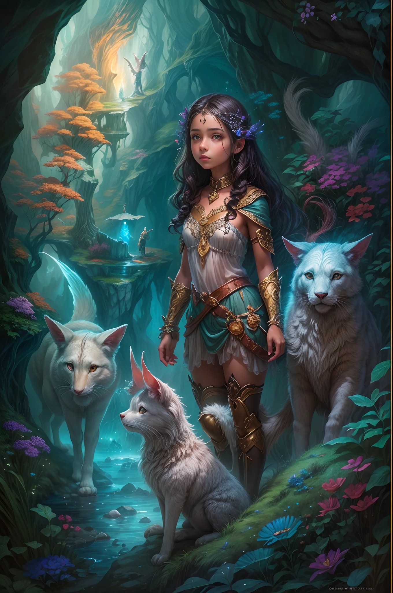 "Artistic rendering, fantasy realm, girl and her magical companions, luminous cave, extraordinary magic, epic adventure, intricate details