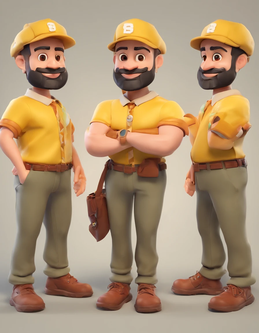 Homem estilo cartoon, com barba, bonnet, Botas de trabalho, camisa polo amarela, baggy pants.
