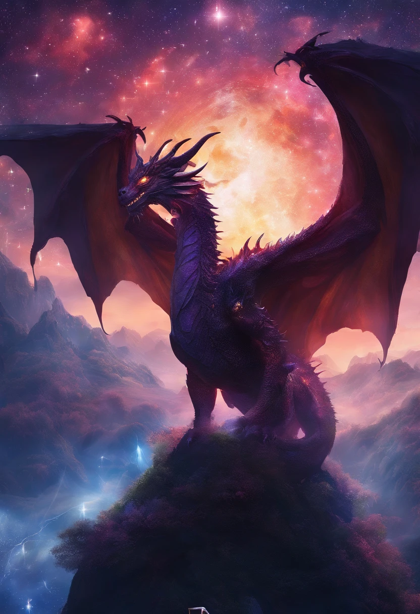 A dragon seemingly formed of the night sky has bright white stars for eyes. Lesser stars twinkle in the firmament of the dragon’s body, Void dragons make their lairs deep in the freezing, airless space between the stars,super-fine,Ultra photo realsisim,Hyper-realistic,Works of masters,8K wind resolution,OC renderer,