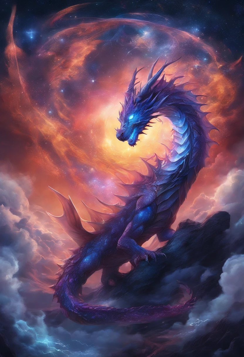 A dragon seemingly formed of the night sky has bright white stars for eyes. Lesser stars twinkle in the firmament of the dragon’s body, Void dragons make their lairs deep in the freezing, airless space between the stars,super-fine,Ultra photo realsisim,Hyper-realistic,Works of masters,8K wind resolution,OC renderer,