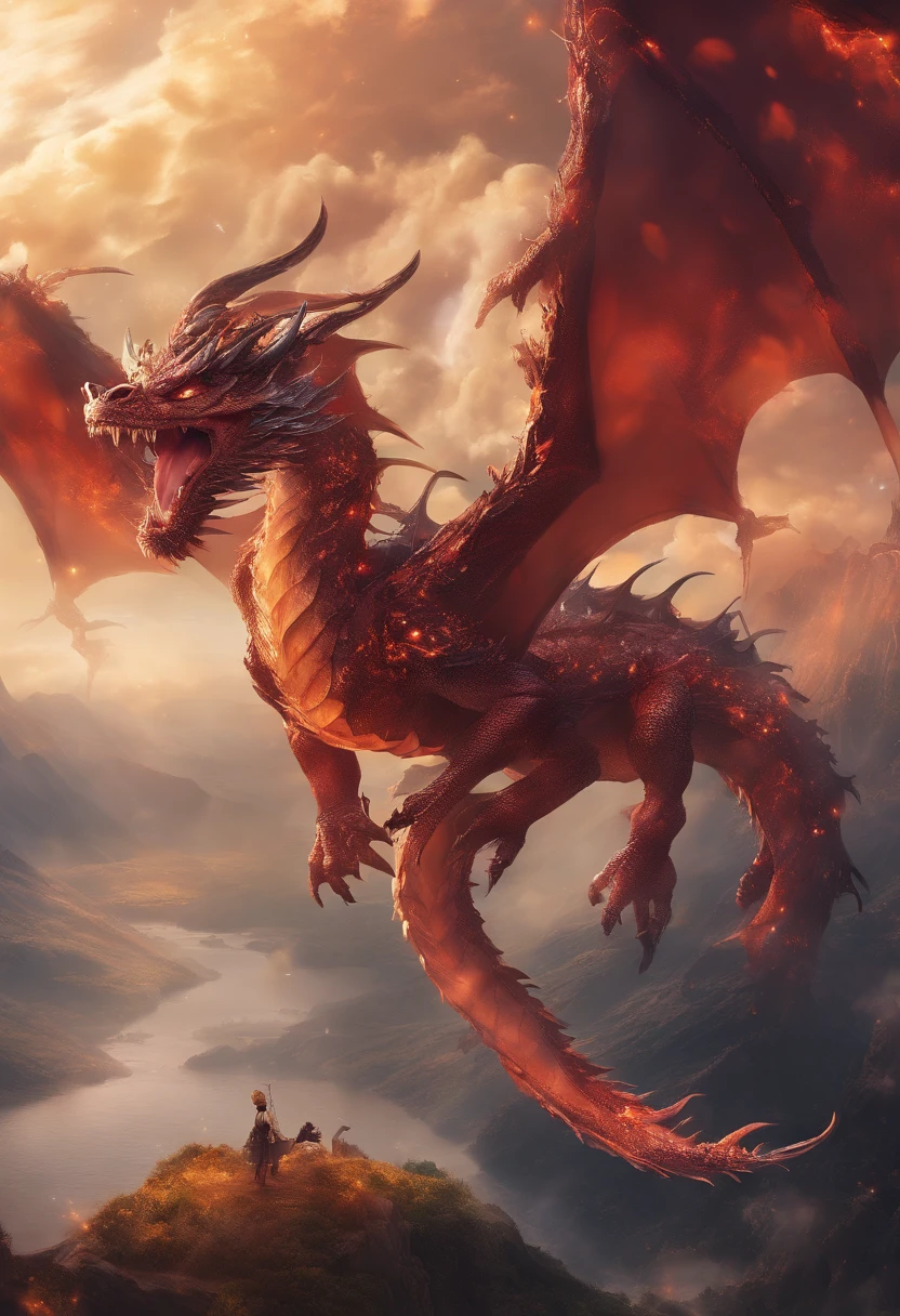 a gigantic red dragon, detailed dragon scales, detailed dragon face, glowing red eyes, giant wings, massive claws, breathing fire, epic cinematic lighting, dramatic shadows, photorealistic, 8k, hyper detailed, fantasy art, digital painting, matte painting