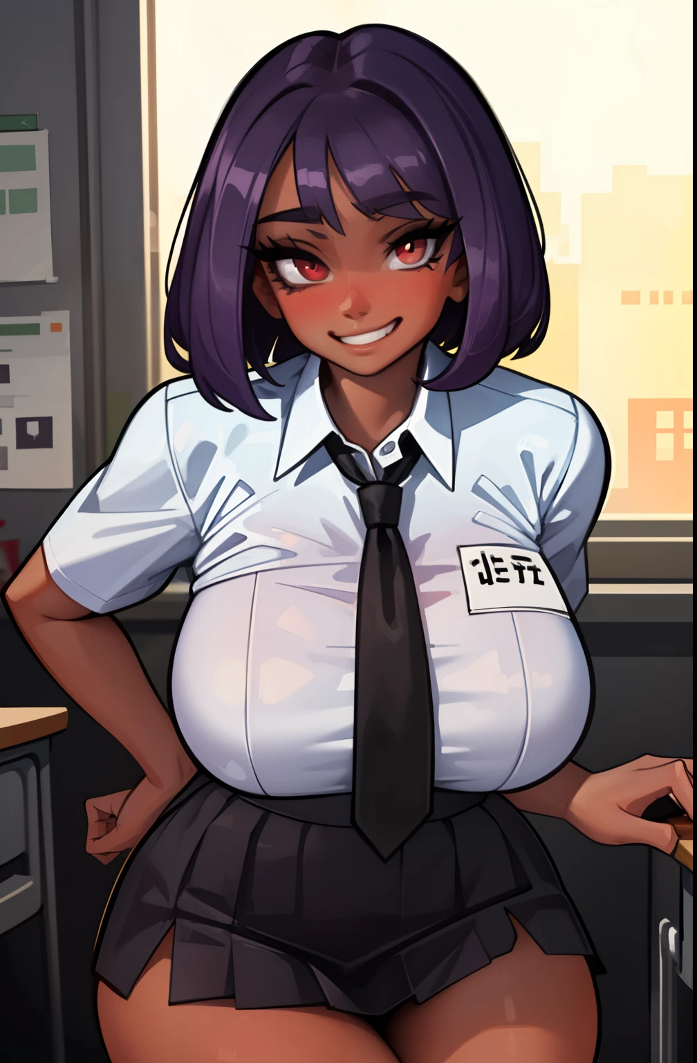 ((masterpiece)),(best quality),(detailed), 1girl, short hair, purple hair, messy hair, red eyes, grin, (dark skin:1.3), white school shirt, school skirt, portrait, classroom, huge breasts