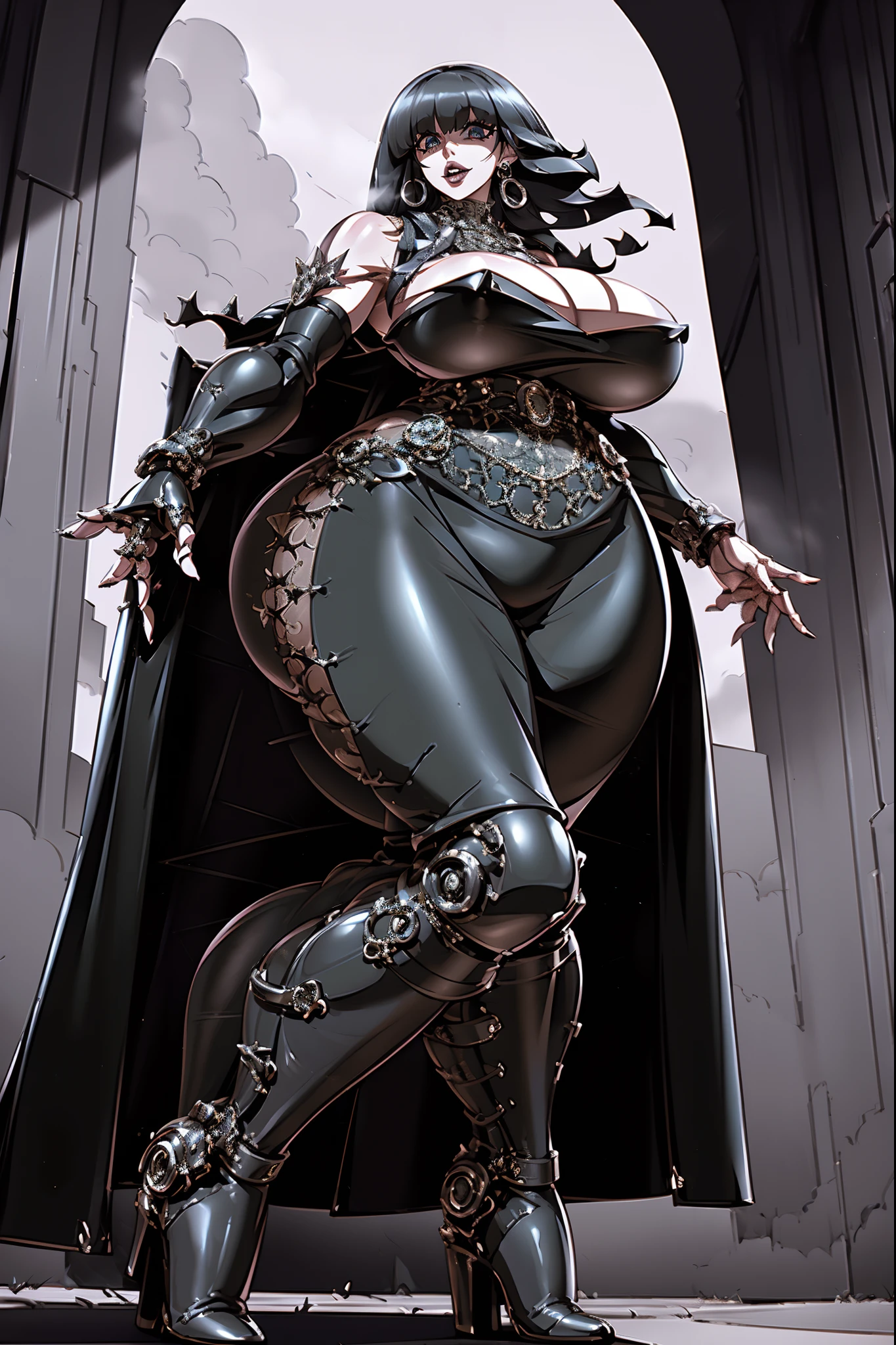 (best quality, ),gothic, milf, huge breast, thicc, black hair, blacklipstic, standing, solo, full body, long skirt, large skirt, black robe, medieval clothing, dark atmosphere, ornate details, dim lighting, dramatic shadows, mysterious aura, intricate lace patterns, porcelain skin, bewitching gaze, elegant posture, majestic presence, flowing silhouette, gothic architecture, candlelit backdrop, hauntingly beautiful, enchanting presence, ethereal ambiance, alluring expression, intense sensuality, exquisite jewelry, supernatural allure, captivating aura, sensual curves, full body, boots, blacklipstic, happy, smile