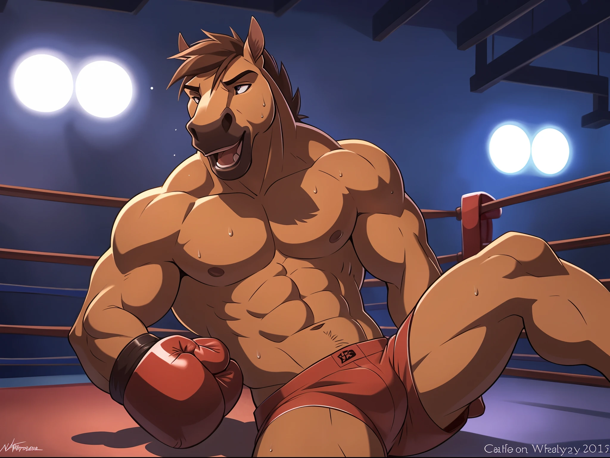 anthro horse:1, lora:spirit, (front view:1.2). 4k, high resolution, best quality, posted on e621, solo, anthro body, male, adult, masculine, (slim, strong pectorals, define muscles, muscular shoulders), correct anatomy, (boxing ring background, gym background), (blurry background, out-of-focus background:1.2), (by takemoto arashi:1.0), (by wfa:1), (by Taran Fiddler:0.5), sexy, (cel shaded, cartoony shading:1.2), black lineart, black outline, flat coloring, (strong shadows, dark shadows:1.2), (pink shorts, topless, boxing gloves), sexy shadows, horse tail, slim posture, grin, open mouth, sticking out tongue, cute eyes, detailed eyes, tilted head, exhausted, wet sweat:1.2, fallen, (lying on back):1.2, lying on ropes, spreaded legs, spreaded arms