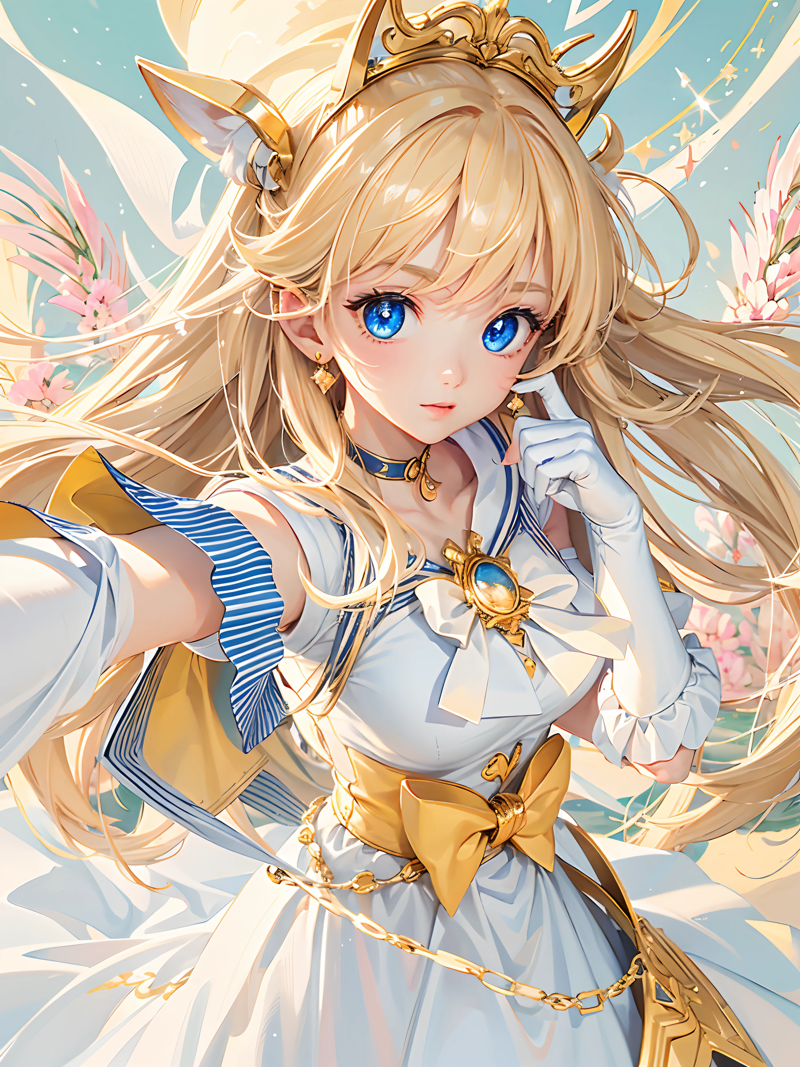 masterpiece, beste-Qualit, Hi-Res, venus1, 1girl, solo, low angles,Sailor Senshi Uniform, sailorvenus, Minako Aino, blonde hair, magical girl, blue eyes, Panchira, Orange skirt,elbowgloves, tiarra, pleatedskirt, Hair Ribbon, orange sailor collar, Gold Chain, orange choker, white glove,long hair, jewely,disheveled hair,Ultra-precise depiction, Ultra-detailed depiction,Bokeh (85mm Shot),(((Delicate fingers and hands:0.55))::0.85))),(Detail fingers),Ultra-precise depiction, Ultra-detailed depiction,disheveled hair,unbelievable Ridiculous,)),((extremely_Detailed_Eyes_and_face)),(Beautiful and aesthetic: 1.2),Brilliant,