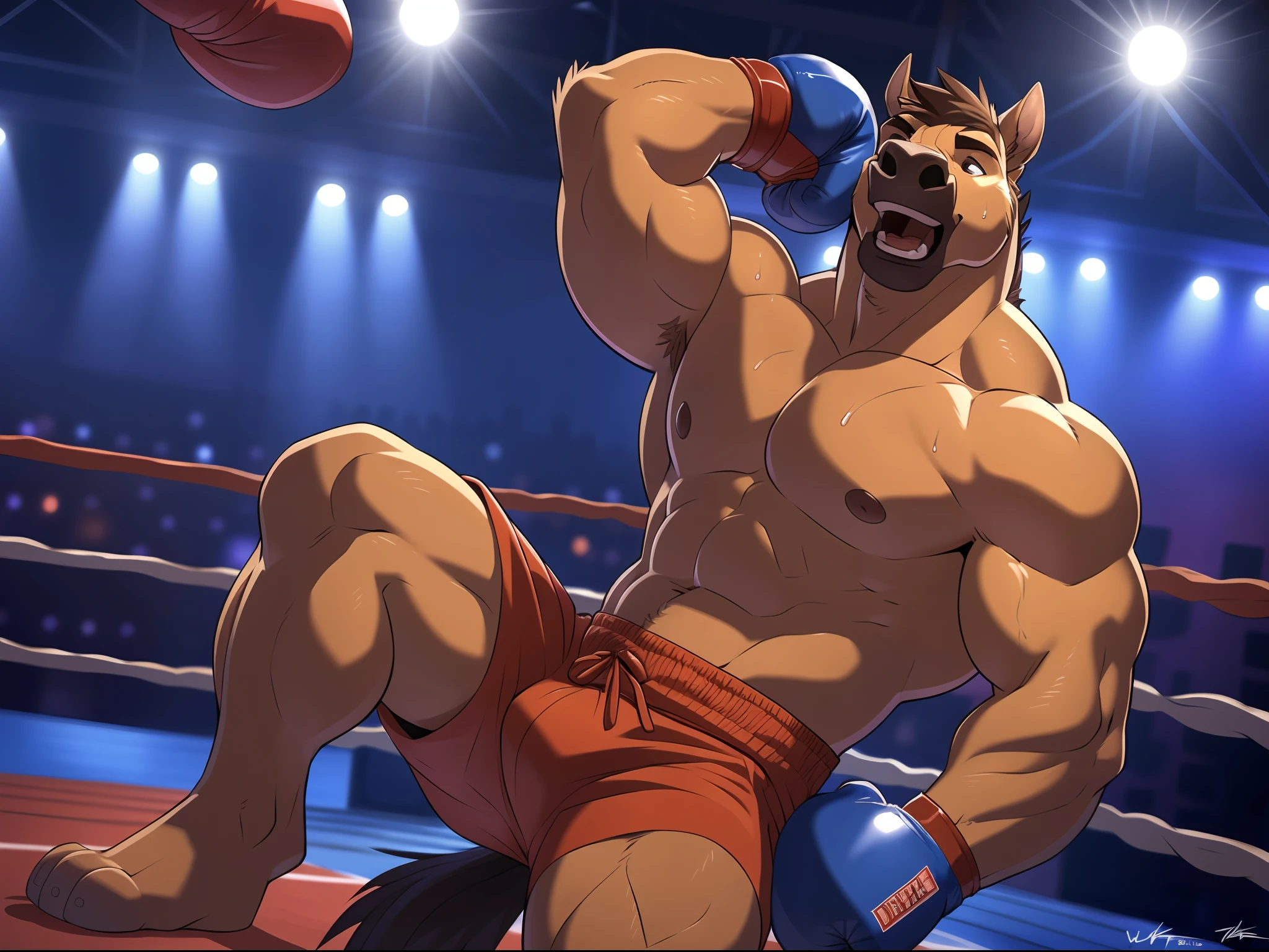 anthro horse:1, lora:spirit, (front view:1.2). 4k, high resolution, best quality, posted on e621, solo, anthro body, male, adult, masculine, (slim, strong pectorals, define muscles, muscular shoulders), correct anatomy, (boxing ring background, gym background), (blurry background, out-of-focus background:1.2), (by takemoto arashi:1.0), (by wfa:1), (by Taran Fiddler:0.5), sexy, (cel shaded, cartoony shading:1.2), black lineart, black outline, flat coloring, (strong shadows, dark shadows:1.2), (pink shorts, topless, boxing gloves), sexy shadows, horse tail, slim posture, grin, open mouth, sticking out tongue, cute eyes, detailed eyes, tilted head, exhausted, wet sweat:1.2, fallen, (lying on back):1.2, lying on ropes, spreaded legs, spreaded arms