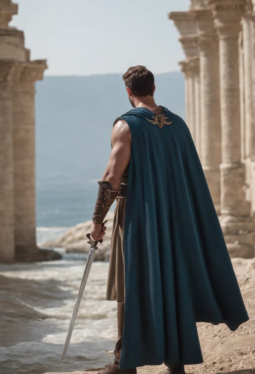 A realistic illustration of a tall, muscular man wearing a cape and holding a sword in his hand, stands with his back to the camera in the foreground, facing a long advance "la canebiere" Located in Marseille, In a world ravaged by a tsunami, It can be seen in the distance that part of the avenue and its buildings have been covered by the waters of the sea, Building aged by corosion and time, univers sombre et dystopique, cutscene, HD, very high resolution