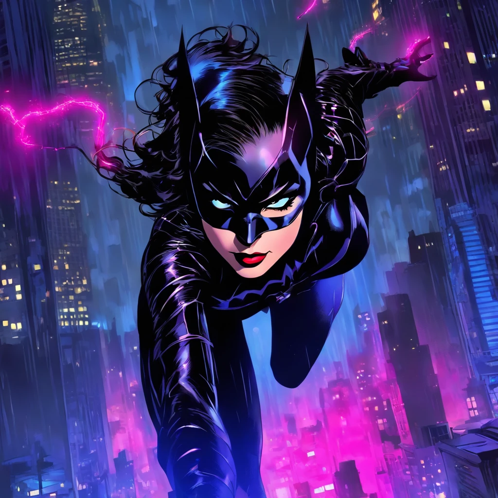 ** Photorealistic yet stylized, cel shaded anime, "The Dark Knight Rises" style, a chance encounter reveals Selina Kyle, aka Catwoman, from "The Dark Knight Rises." Anne Hathaway's performance is fascinating. Her emotions, in a close-up portrait, depict a feline-inspired vixen amidst a rain-soaked Gotham cityscape with a touch of sundew, cozy night, highly detailed, action, strong shadow effect, low angle view, chiaroscuro, beautiful lighting, cinematic, visual and aesthetic key to "The Dark Knight Rises" --niji version --s 115 --c 8 --ar 16:9 , picture of Selina Kyle , ((Cat woman)) from bat man rappelling down from a skylight at a night of a full moon into a back vault full of trip lasers to steal a red ruby diamond