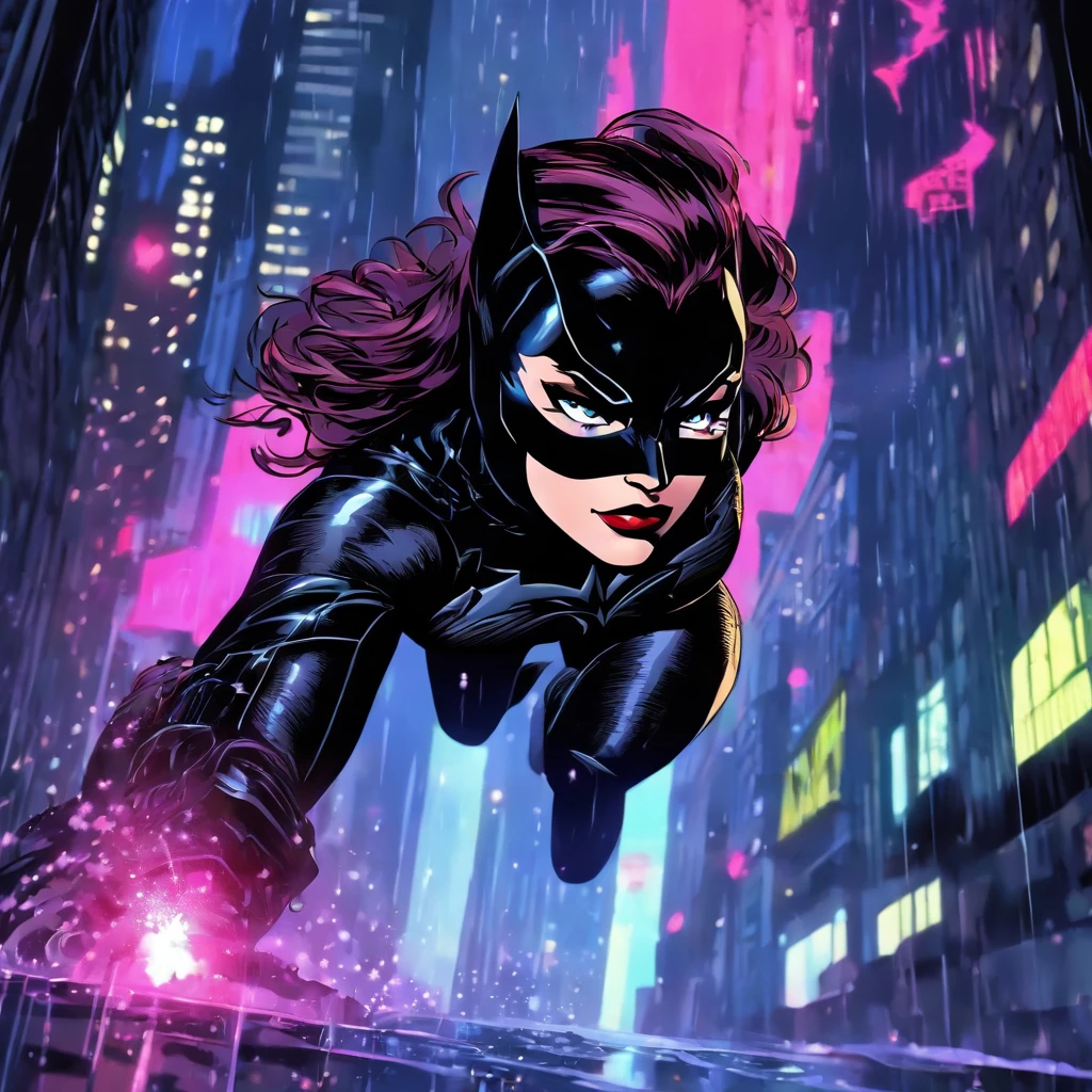 ** Photorealistic yet stylized, cel shaded anime, "The Dark Knight Rises" style, a chance encounter reveals Selina Kyle, aka Catwoman, from "The Dark Knight Rises." Anne Hathaway's performance is fascinating. Her emotions, in a close-up portrait, depict a feline-inspired vixen amidst a rain-soaked Gotham cityscape with a touch of sundew, cozy night, highly detailed, action, strong shadow effect, low angle view, chiaroscuro, beautiful lighting, cinematic, visual and aesthetic key to "The Dark Knight Rises" --niji version --s 115 --c 8 --ar 16:9 , picture of Selina Kyle , ((Cat woman)) from bat man rappelling down from a skylight at a night of a full moon into a back vault full of trip lasers to steal a red ruby diamond