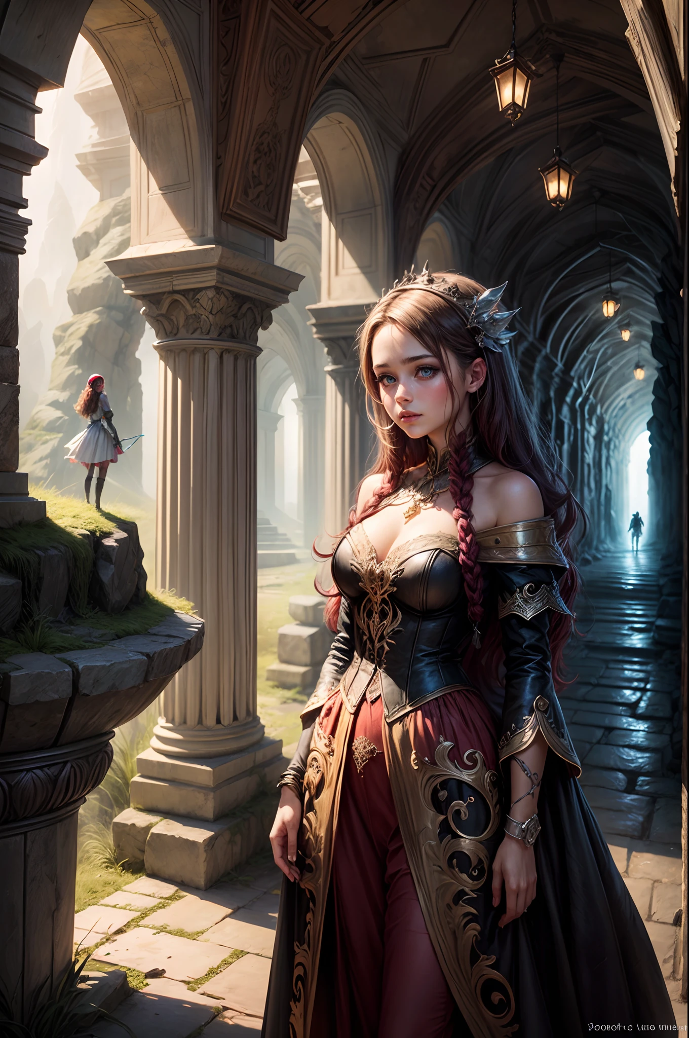 "Artistic rendering, fantasy realm, girl and her magical companions, luminous cave, extraordinary magic, epic adventure, intricate details