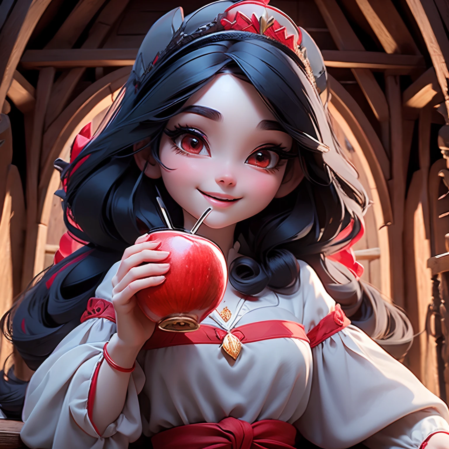 masterpiece, best quality, detailed face, bright eyes, large eyelashes, detailed nose, a SnowWhite (disney), big smile, black hair, medium large hair, (((red diadem))), blue SnowWhite dress, (((drinking))) an apple wine in a (cottage),