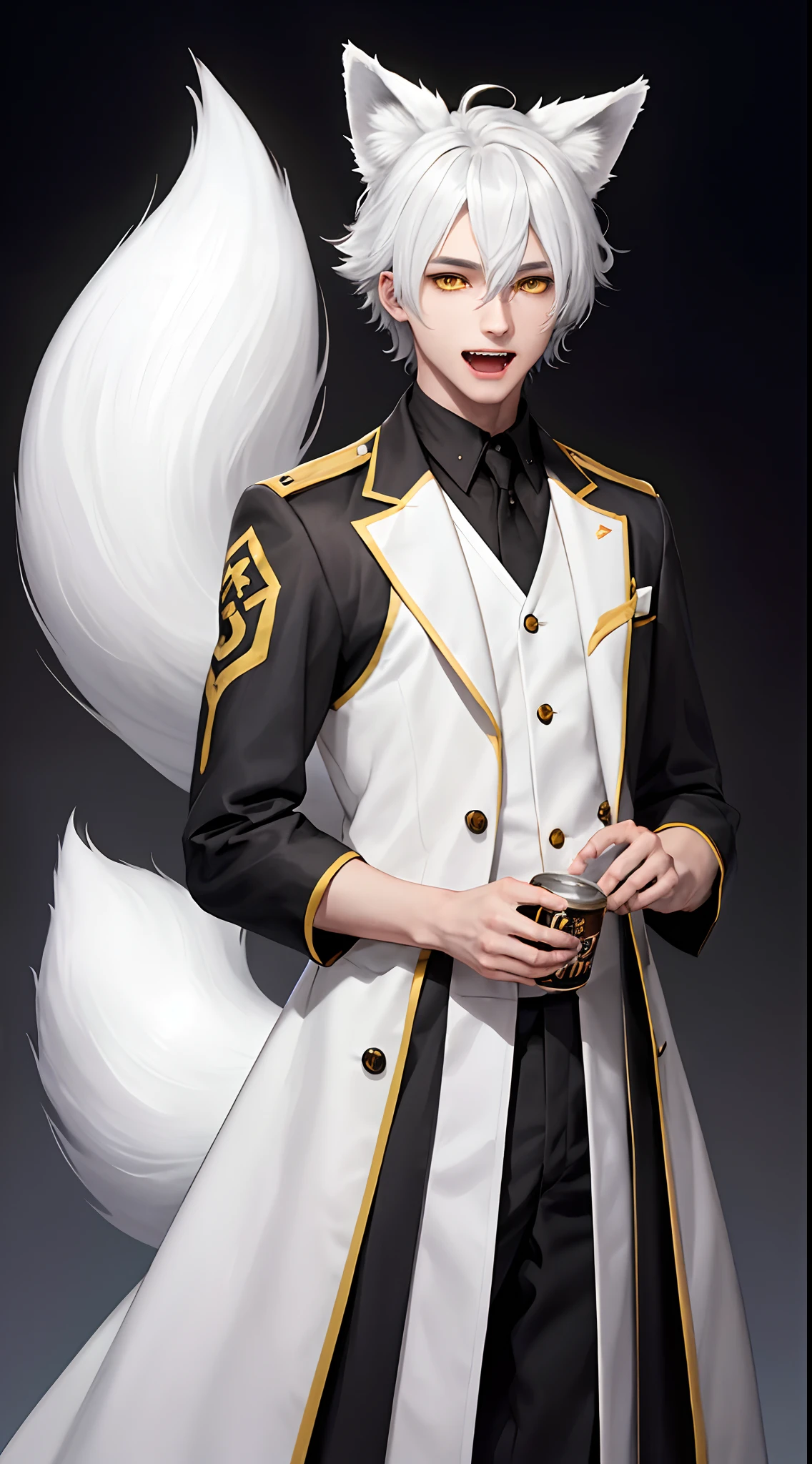 image of an anime character, boy with white hair, yellow eyes, high school style, two fox fangs/teeth, white tail, fox ears, tall boy