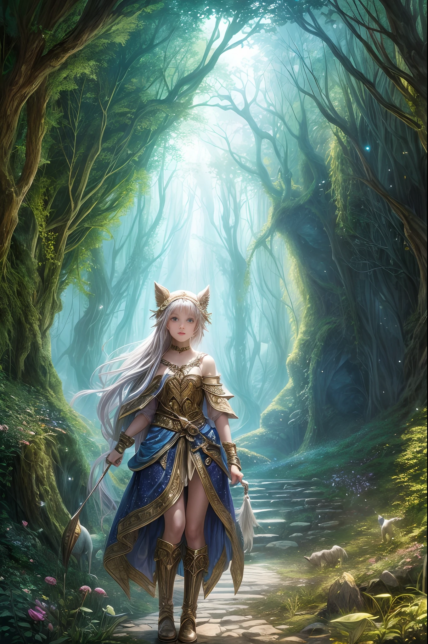 "Artistic rendering, fantasy realm, girl and her magical companions, luminous cave, extraordinary magic, epic adventure, intricate details